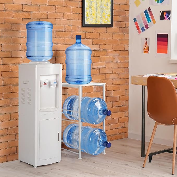 Water Jug Holder Stand 2 Tier 5 Gallon Water Bottle Rack with Top Shelves 5 Gallon Water Bottle Holder Organizer Water Dispenser Stand for Kitchen, Home Office, Living Room, White