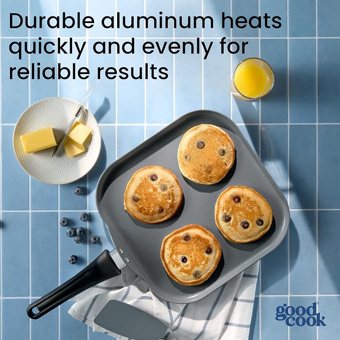 GoodCook Everyday Griddle Pan Ceramic Nonstick Aluminum Construction for Even Heating Non-Toxic PTFE & PFOA Free, 11-Inch, Black