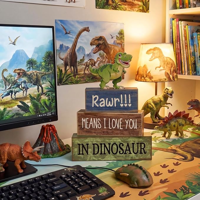 Lineshading 4 Pcs Dinosaur Table Decorations Wooden Dino Safari Party Decor | Rustic Tabletop Decorations for Home, Dinosaur Themed Signs, Tiered Tray Filler, Back to School Decor, Beach Style Accents