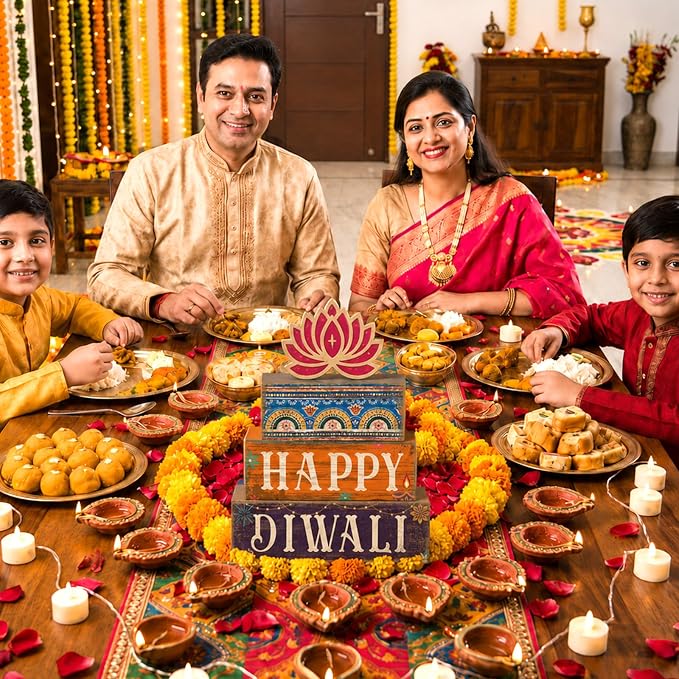 Lineshading 5 Pcs Diwali Wooden Block Signs Farmhouse Tiered Tray Decor | Happy Diwali Tabletop Decor with Lotus, Rustic Stackable Wood Blocks, Festival Decorations for Shelves Mantels Desks