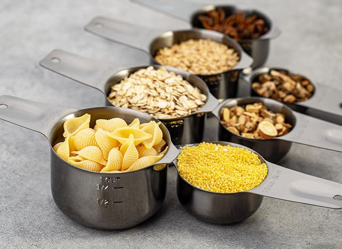 7-Piece 18/8 Stainless Steel Measuring Cups Set, Dark Gray | Includes 1/16, 1/4, 1/3, 1/2, 2/3, 3/4 and 1 Cup, Engraved US and Metric Markings, Pour Spouts and Ring Connector