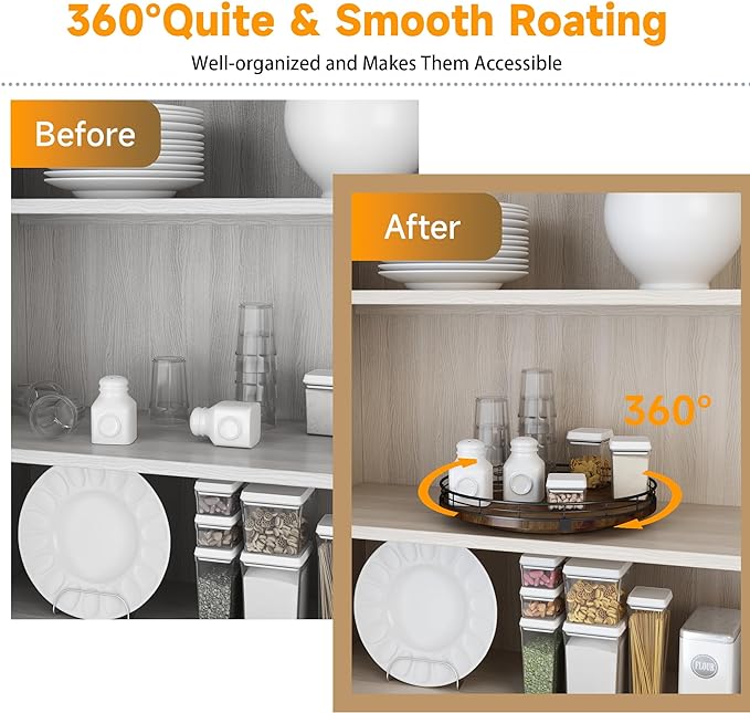 AMH 12-Inch Farmhouse Oak Lazy Susan Organizer, Walnut Finish | Smooth rotating oak tray with walnut finish for dining tables, kitchen counters, pantries and cabinet storage.