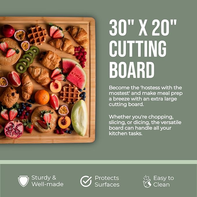 Extra Large Cutting Board for Kitchen 30 X 20 for Kitchens - Heavy Duty Bamboo Chopping Boards for Meat, Veg & Charcuterie - 30" Cutting Board Large Wooden Stove Top & Countertop (30" x 20")