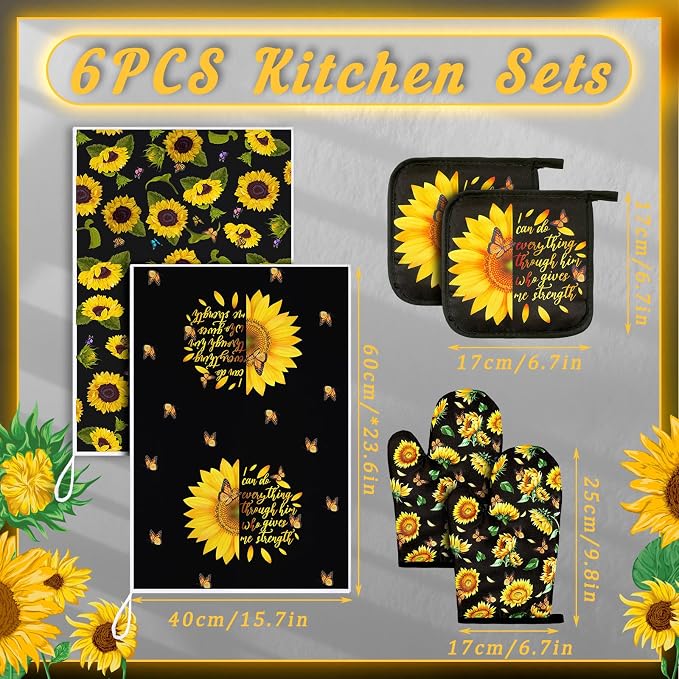 Bencailor 6 Pcs Sunflower Kitchen Decor Black Sunflower Kitchen Towels Pot Holders and Oven Mitts Sets 2 Farmhouse Cooking Mittens for Cooking Grilling Supply Accessories