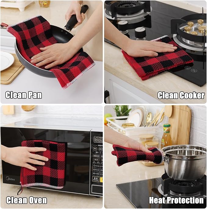 Homaxy Kitchen Towels and Dishcloths Set, Set of 8, Red & Black | Bulk Cotton Waffle Weave Check Plaid Kitchen Towels, Super Soft and Absorbent Dish Cloths, 12 x 12 and 13 x 28 Inches
