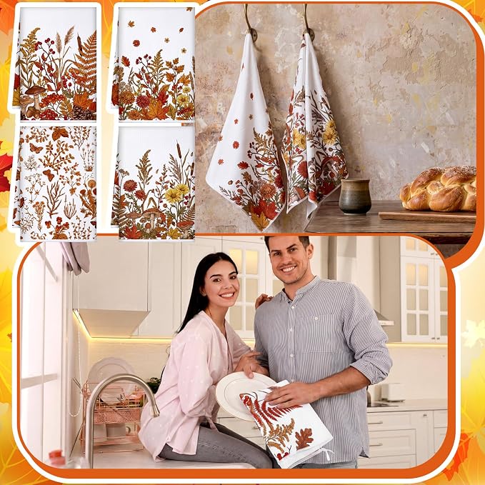 4 Pcs Fall Flower Kitchen Towels, Dark Orange Dish Towels Gift | Fast Drying Absorbent Dishcloths with Hanging Loop for Cleaning Cooking, Farmhouse Autumn Kitchen Decor Housewarming Gift