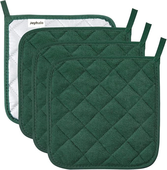 Joyhalo 4 Pack Pot Holders for Kitchen Clearance | Cotton Oven Holder with Great Heat Resistance, Potholders Sets for Kitchen, Countertops, Hot Pots and Pans Dark Green