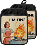 I'm Fine Funny Kitchen Pot Holders with Pockets, Humorous Cooking Housewife Oven Pot Holders Heat Resistant Oven Mitts Hot Pads for Kitchen Baking Cooking