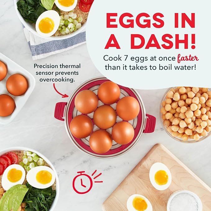 Dash Rapid Egg Cooker, 7 Hard Boiled Eggs, Red | Electric Egg Poacher, Boiler, Steamer & Omelette Maker Machine, Soft or Poached Eggs for Breakfast, Auto Shut-Off, BPA-Free