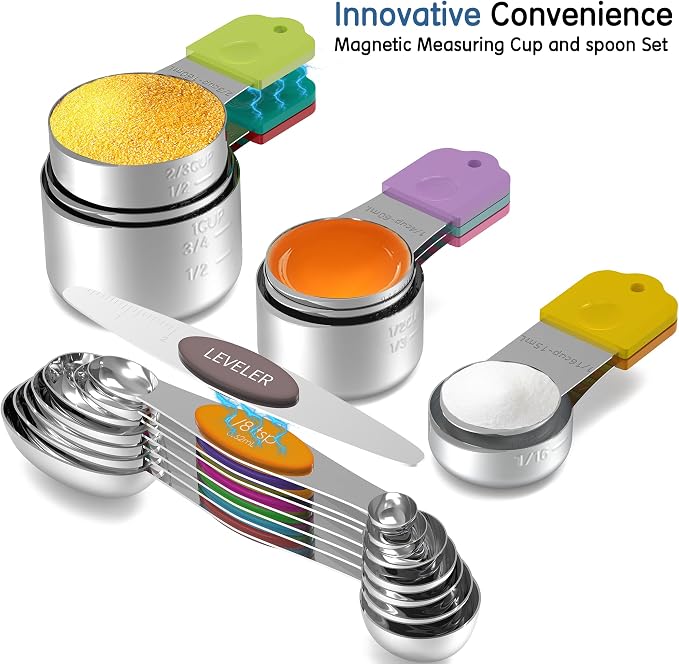 Magnetic Measuring Cups and Spoons Set, 6 Nesting Stainless Steel Measuring Cup Set with Easy to Read Markings, 7 Magnetic Measuring Spoons & 1 Leveler for Measuring Dry or Liquid Ingredients
