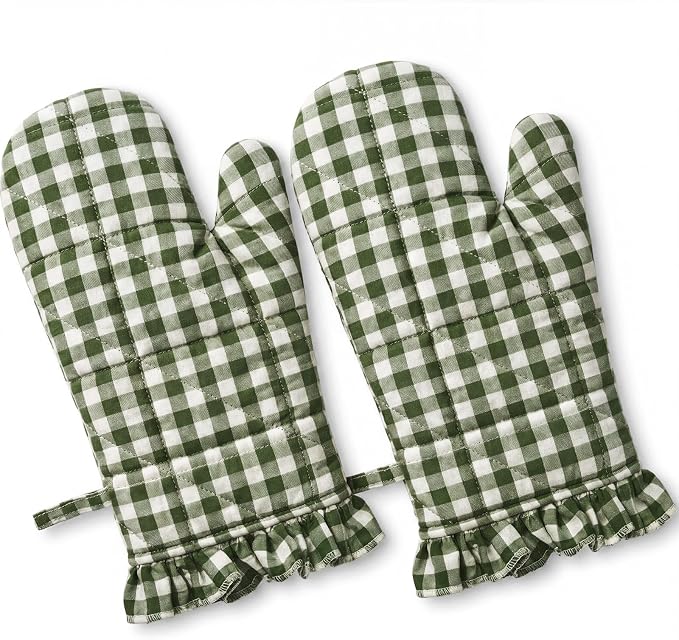 Twistover Checkered Oven Mitts 2-Pack Set, Cotton Gloves,Sage Green | 13.5x6.5 Inch Size with Ruffle Trim, Non-slip Heat Resistant for Baking BBQ Microwave, Plaid Cotton for Cooking