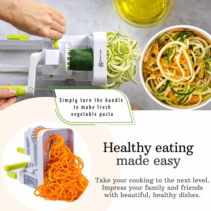 Brieftons QuickFold 5-Blade Spiralizer: Compact Foldable Manual Vegetable Spiralizer & Zucchini Noodle Maker, 5 Japanese Stainless Steel Blades, Spaghetti Maker for Potatoes, Keto Paleo Gluten-Free