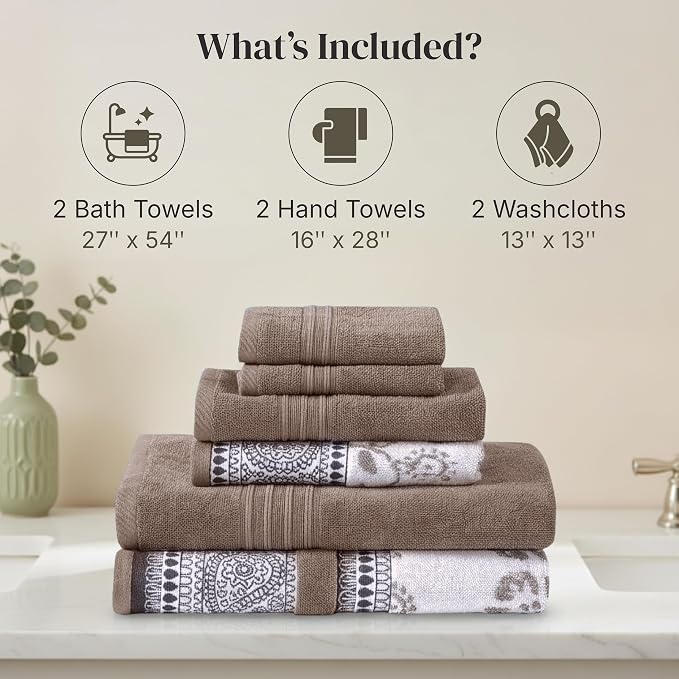 Modern Threads 6 Piece Bath Towel Set – Bathroom Set with 2 Bath Towels, 2 Hand Towels, and 2 Wash Cloths – 100% Cotton, Super Absorbent & Extra Soft – Reversible Floral Trail (Taupe Brown)