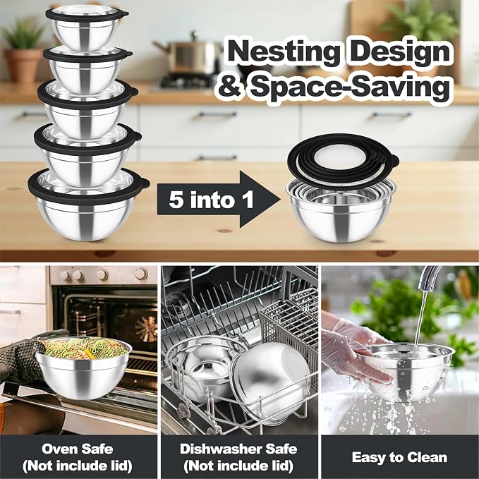 TeamFar Mixing Bowls Set, 4.5/3/1.5/1/0.7 QT Salad Bowl with Lids, Black | Stainless Steel Nesting Bowls with Visible Airtight Lids, For Serving/ Mixing/ Storing, Non-Toxic & Dishwasher Safe, Set of 5
