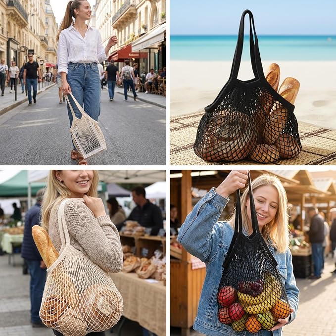 Mabor 2-Pack Cotton Mesh Grocery Bags, Reusable & Foldable Net Produce Bags for Shopping, Beige & Black
