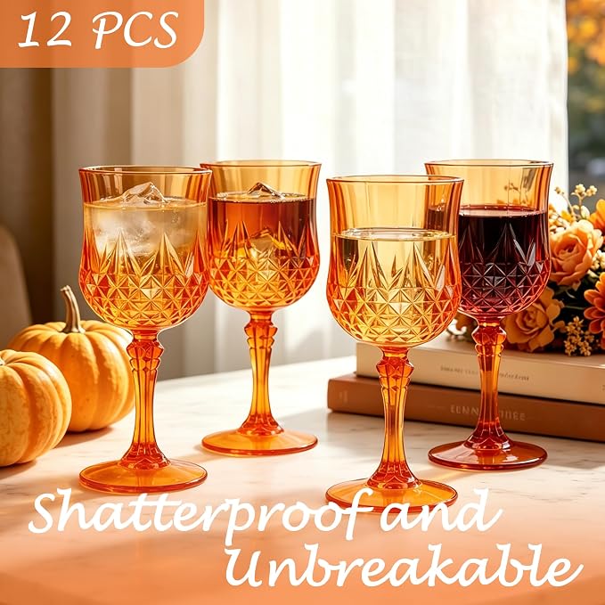 12Pack Plastic Wine Glasses, 7oz Vintage Goblets for Wedding | Unbreakable Crystal Style Reusable Stemware, Elegant Orange Drinking Glass for Party Anniversary & Holiday Celebration