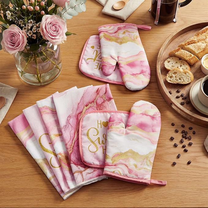 Leinuosen Pink and Gold Marble 8 Pcs Kitchen Towels and Dishcloths Sets Oven Mitts and Pot Holders Absorbent Kitchen Gloves Potholders Heat Resistant for Chef Baking Cooking
