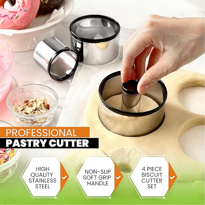 Spring Chef Stainless Steel Dough Blender & Biscuit Cutter Set for Baking | Heavy Duty Large Pastry Blender with Soft Grip Handle & Professional Cookie Cutter Set of 4, Dishwasher Safe, Black