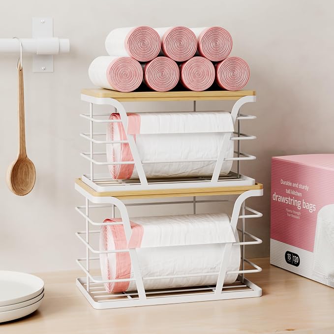 TIDIIABODE 2 Pack Stackable Laundry Room Organization and Storage, Laundry Room Decor and Accessories, Trash Bag Holder with Bamboo Top and Garbage Bag Dispenser, White