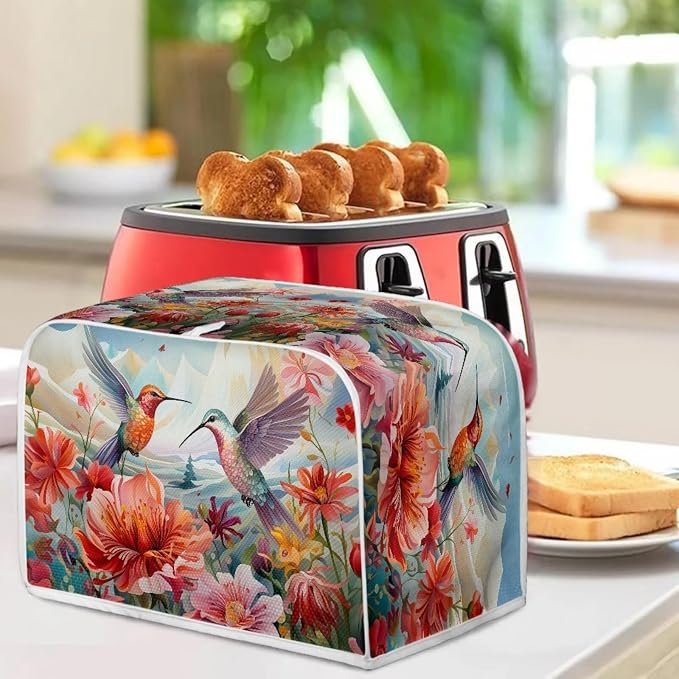 Hummingbird Flower Print Toaster Covers 2 Slice Wide Slot Dustproof Floral Fingerprint Protectors and Greasy Protection Anti-sputtering Machine Washable Women Gift