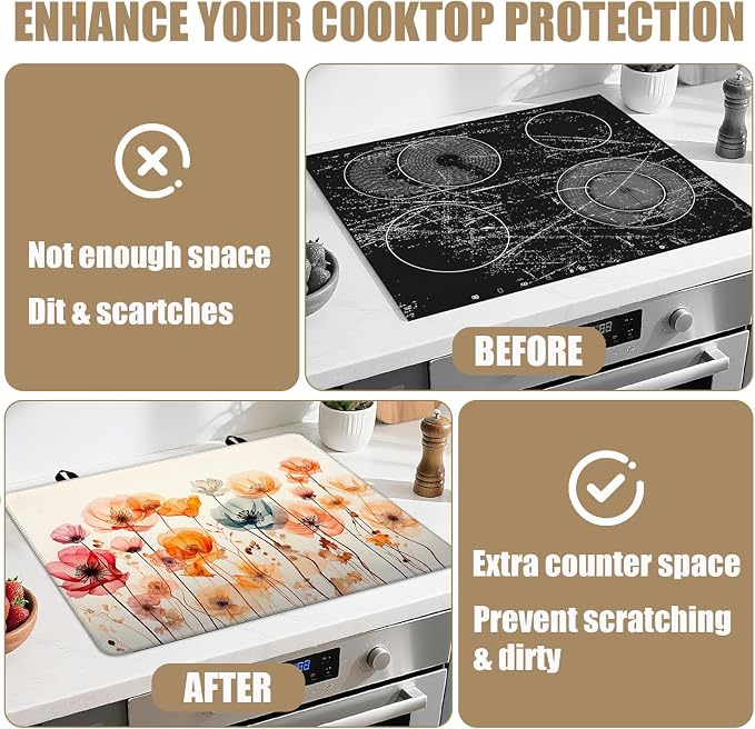 Colorful Poppy Floral Stove Top Covers for Electric Stove, Electric Gas Stove Pad Heat Resistant Range Cooktop Protector for Home Decor Kitchen 28"x20"