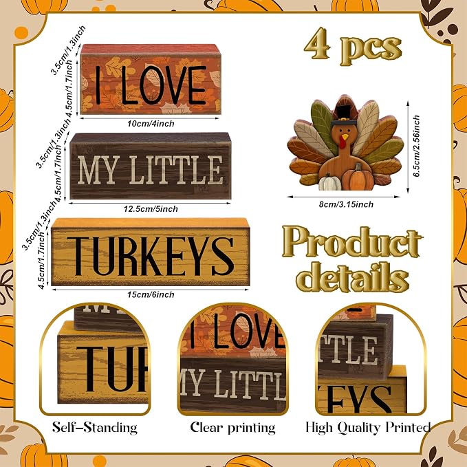 Lineshading 4 Pcs Thanksgiving Block Signs, I Love My Little Turkeys Wood | Farmhouse Tabletop Decor with Turkey Topper, Rustic Tiered Tray Decorations, Stacked Signs for Fall Autumn Mantel Table