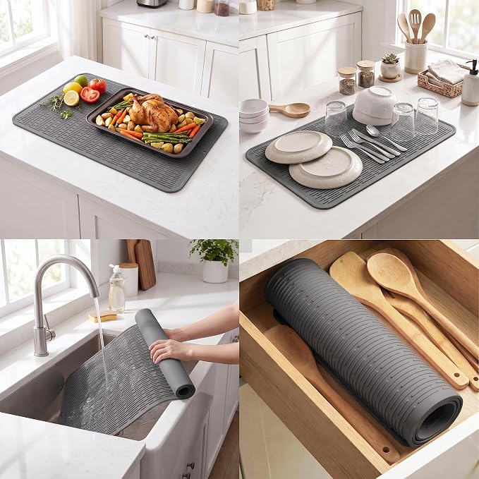 MicoYang Silicone Dish Drying Mat for Multiple Usage,Easy clean,Eco-friendly,Heat-resistant Silicone Mat for Kitchen Counter or Sink,Refrigerator or Drawer Liner Grey 4XL 32 inches x 18 inches