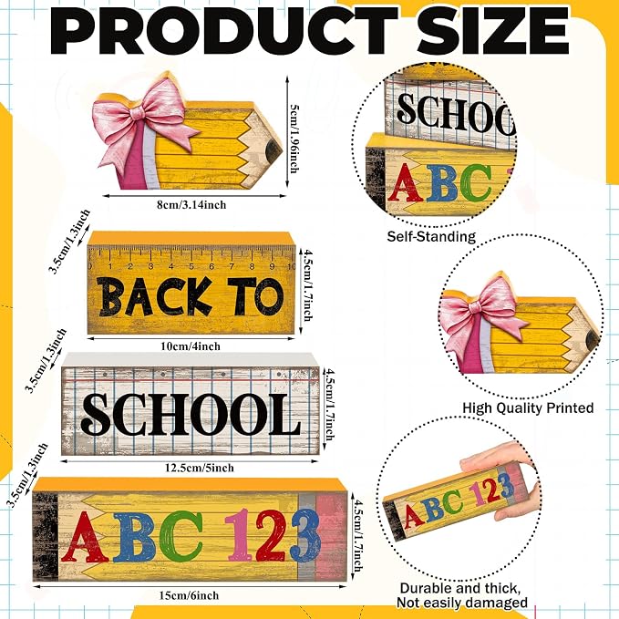 Lineshading 4 Pcs Back To School Table Decorations Wooden Pencil Blocks | Back To School Tiered Tray Decorations With Abc 123 Pencil Ruler, Rustic Farmhouse Gift For Classroom Teacher Desk