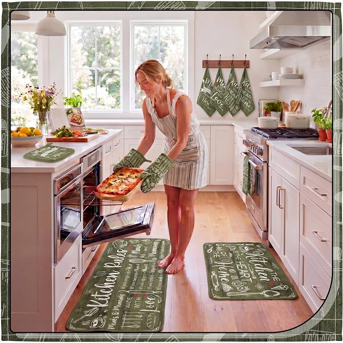 Fourluoo 10 Pcs Sage Green Kitchen Decor Farmhouse Oven Mitts and Pot Holders Sets Green Dish Towels Rustic Vintage Kitchen Rugs Mats for Women Home Decorations Baking Cooking Birthday Summer Gifts