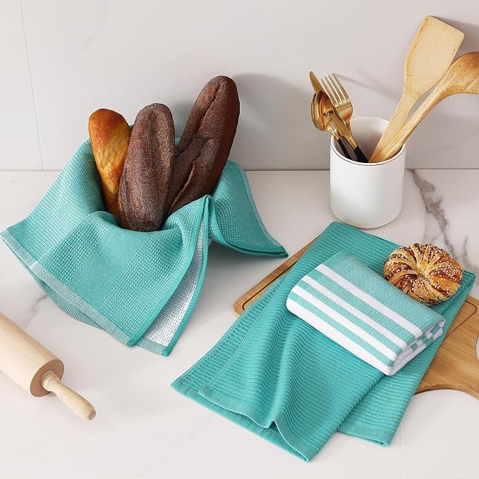 Homaxy Cotton 380 GSM Premium Kitchen Towels, 18"x 28", 12 Pack, Teal | Soft and Absorbent Terry Dish Towels, Multipurpose Tea Towel Set with Hanging Loop, 3 Styles Kitchen Hand Towels