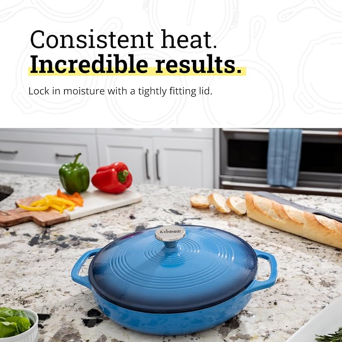 Lodge Essential Enamel Braiser 3.5 Quart - Refrigerator- & Oven-Safe up to 500° F - Heat-Retaining, Induction-Safe & PFAS-Free Enamel Cookware - Caribbean Blue