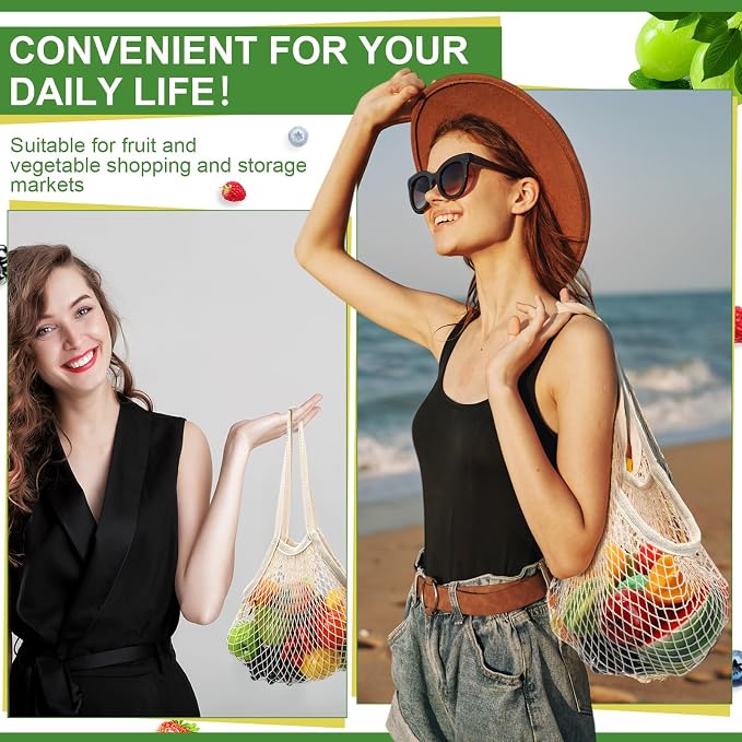 Paterr 80 Pack Cotton Mesh Produce Bags Bulk,Long Handle,Beige | Reusable Mesh Grocery Bags Bulk, Washable Net Market Tote String Shopping Bags, for Vegetable Fruit Beach Picnic Food Storage
