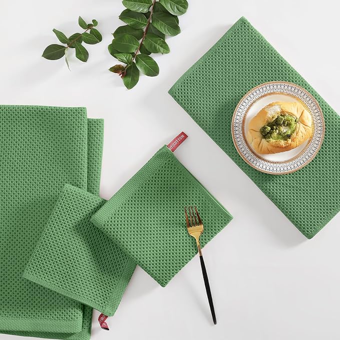 Homaxy 10 Pack 100% Cotton Kitchen Towels and Dishcloths Set, Grass Green | 12 x 12 Inches and 13 x 28 Inches Kitchen Towels Set, Ultra Soft Absorbent Dish Cloths for Washing Dishes