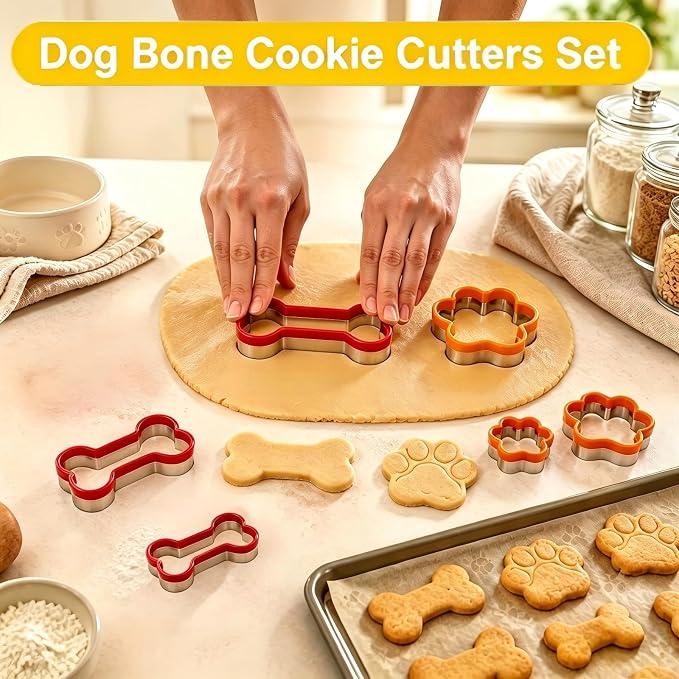 6 pcs Dog Bone Cookie Cutters Set - Treats Molds, Paw Print Shapes | Stainless Steel+PVC