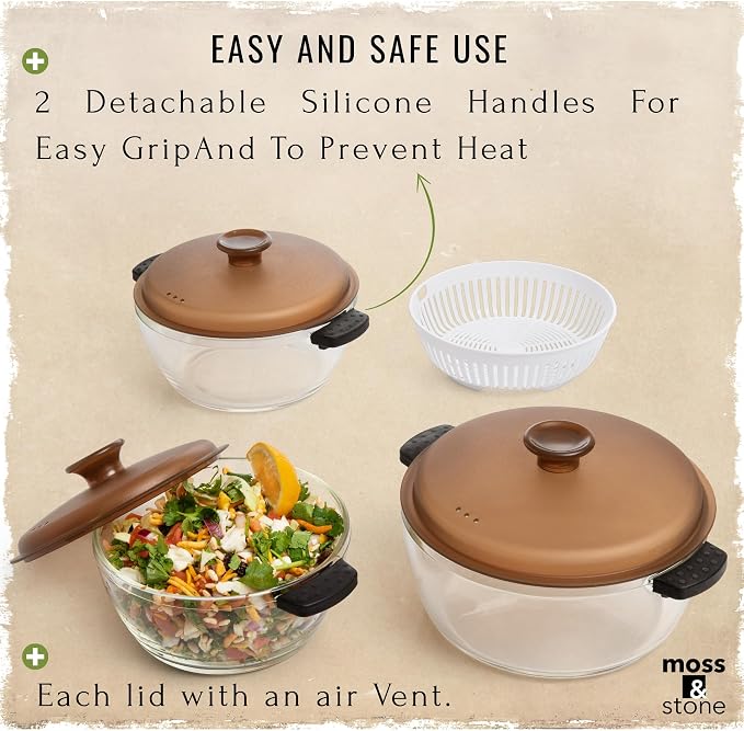 Moss & Stone Clear Glass Casserole Dish Set with Lids, Glass Baking Dishes | 3-Piece Borosilicate Glass Bakeware Set with Plastic Lids, 3 Round Baking Dishes for Oven, Microwave, Serving & Food Storage