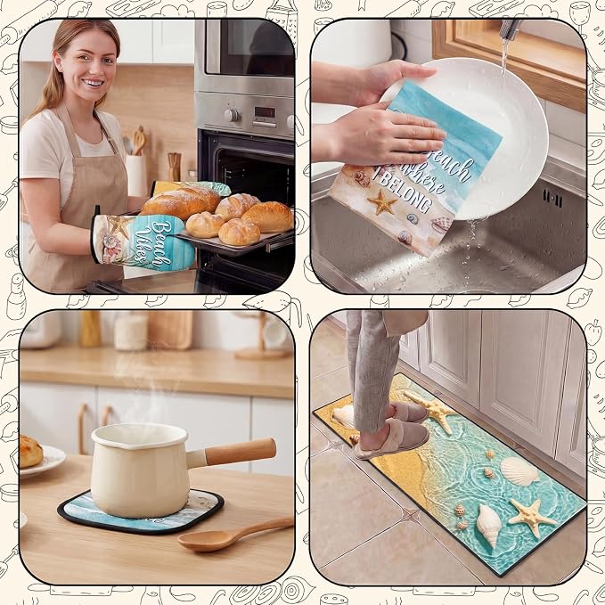 10 Pcs Kitchen Decor and Accessories Set, Beach Coastal | Ocean Summer 4 Dish Towels Kitchen Rugs 2 Oven Mitts 2 Pot Holders, Home Decor for Cooking Baking BBQ Housewarming