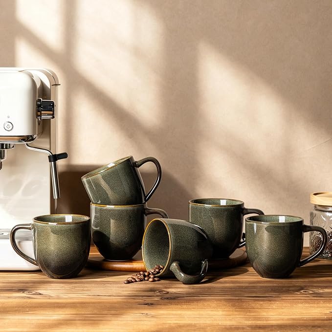 theterra Ceramic Coffee Mugs Set of 6, 12 oz Coffee Cups with Handle | Handmade, Suitable for Latte, Tea, Milk, Beer & Hot Cocoa, Olive Green