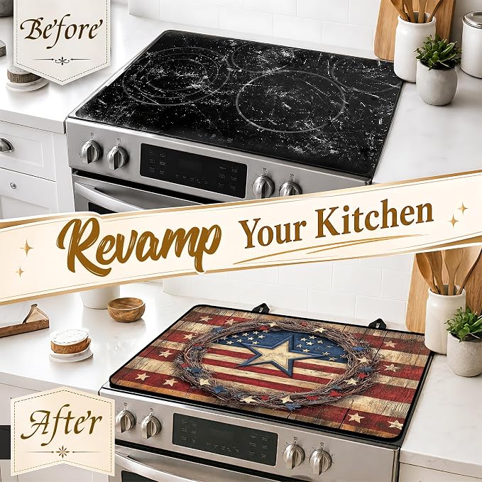 Patriotic Electric Stove Top Cover | Heat Resistant Glass Cooktop Protector for Kitchen Ceramic Countertops, Multiuse Stove Cover and Dish Drying Mat