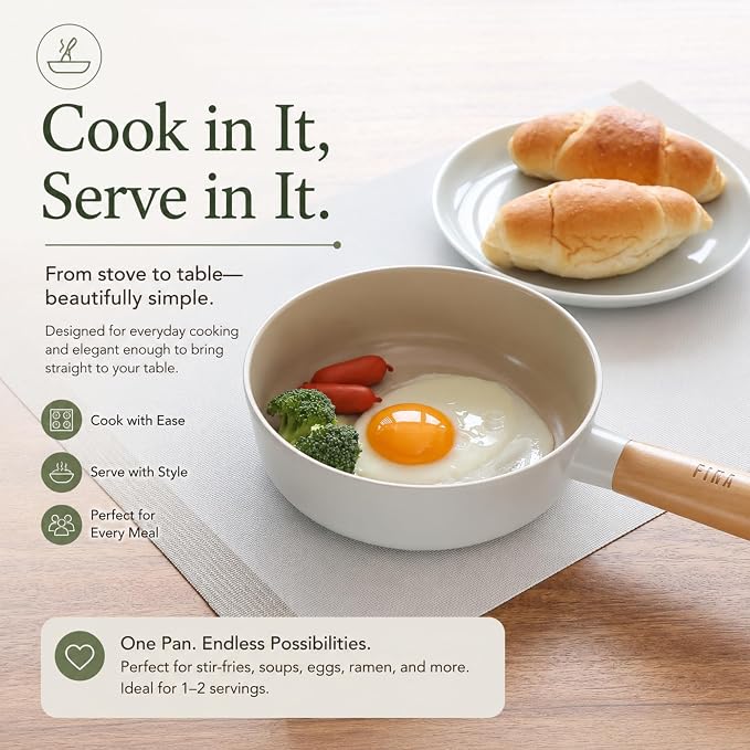 FIKA Small 7-Inch Deep Ceramic Coated Wok Pan, Nonstick Stir Fry & Soup Pan with Natural Wooden Handle, Induction Compatible for All Stovetops, Made in Korea (18cm)