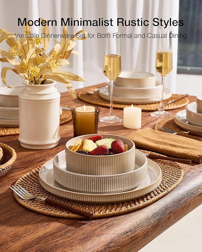 Famiware Star Stoneware Dinnerware Set, 12pc Dishes for 4, Cappuccino White | Dinner Plates, Pasta Bowls, Cereal Bowls, Dishes, Everyday & Party Use, Chip & Scratch Resistant, Microwave & Dishwasher Safe