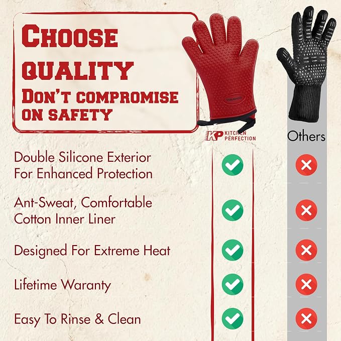 KITCHEN PERFECTION XL Silicone Pizza Oven Gloves Heat Resistant Oven Mitts | Waterproof, 5-Finger Design For A Better Grip, for Outdoor & Indoor Pizza Ovens, Compatible with Ooni, Ninja, Gozney & More