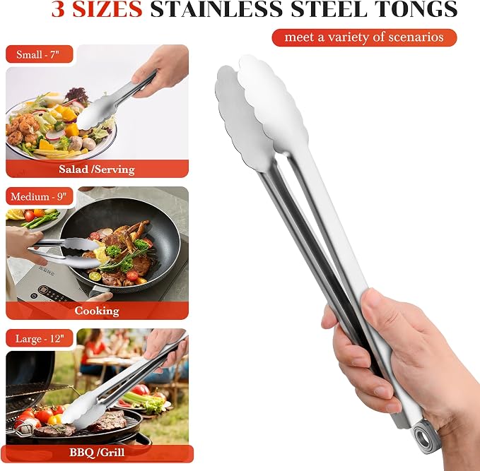 7/9/12 Inch Kitchen Tongs for Cooking, Heat Resistant Stainless Steel Tongs | Heavy Duty Metal Tongs Grilling Tongs Grill Tongs BBQ Tongs for Cooking,Grilling,BBQ/Barbecue,Food (All Metal - 7"+9"+12")