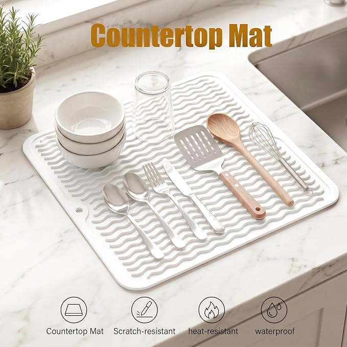 MicoYang Silicone Dish Drying Mat for Multiple Usage,Easy clean,Eco-friendly,Heat-resistant Silicone Mat for Kitchen Counter or Sink,Refrigerator or Drawer liner White M 12 inches x 12 inches