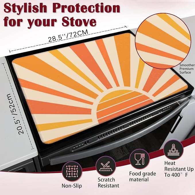 Vintage Boho Sun Stove Top Cover for Electric, Sunrise Sunshine Glass Ceramic Stove Cover, Heat Resistant Flat Stovetop Protector, Dish Drying Mats for Kitchen