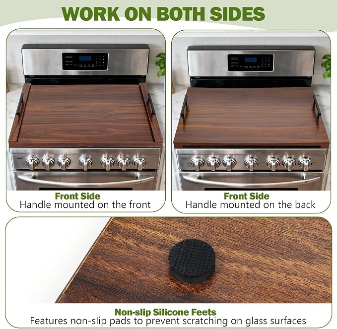 Noodle Board Stove Cover with Handles, Ultra Thick Wood Stove Top Cover Board for Electric/Gas Stove, Counter Space Top Covers Used As Sink Covers & Decorative Tray (Walnut Color)