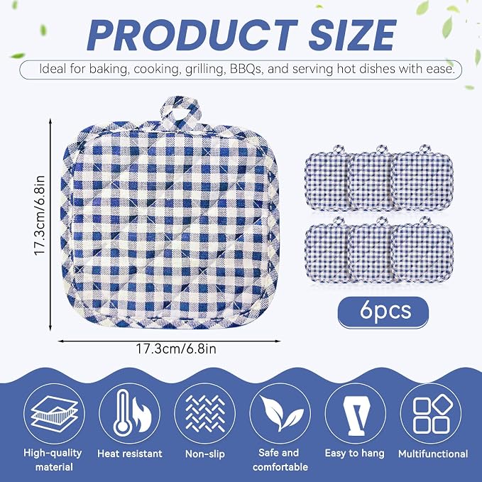 4pcs Pot Holders for Kitchen, Cotton Kitchen Hot Pads, Heat Resistant Oven Mitts and Pot Holders Sets (Blue Tartan)