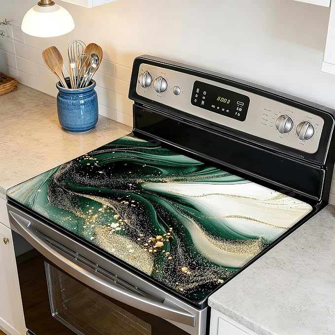 Electric Stove Top Cover,Green Gold Marble Stove Cover for Glass Top Electric Stove,Modern Heat Resistant Flat Top Stove Mat Countertop Protector, 28 x 20 Inch