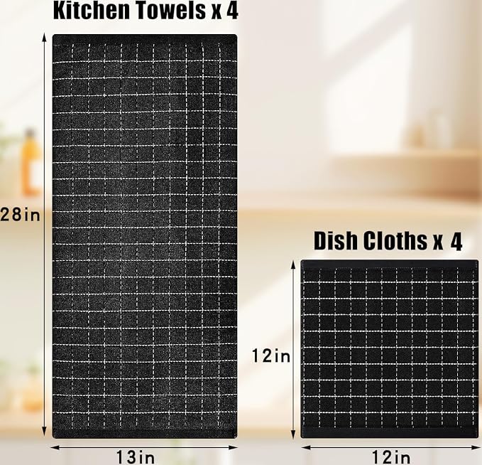 Homaxy Kitchen Towels and Dishcloths Set, Set of 12, Black | Bulk Cotton Terry Kitchen Towels, Checkered Designed, Soft and Super Absorbent Dish Towels, 12 x 12 and 13 x 28 Inches