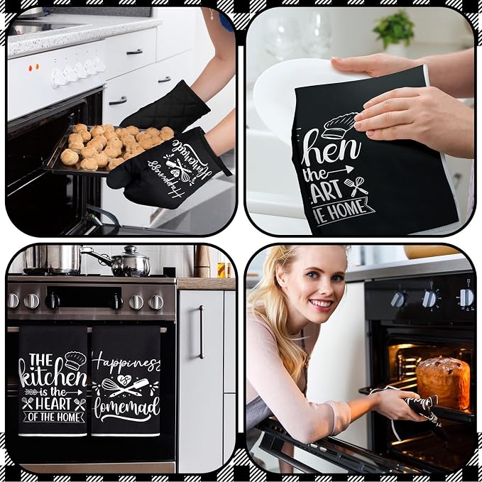 Sratte 6 Pcs Kitchen Decor Accessories Set, Kitchen, Black | Farmhouse Kitchen Towels Pot Holders Oven Mitts Set 2 Dish Towels 2 Potholders 2 Cooking Mittens for Baking Cooking Supply