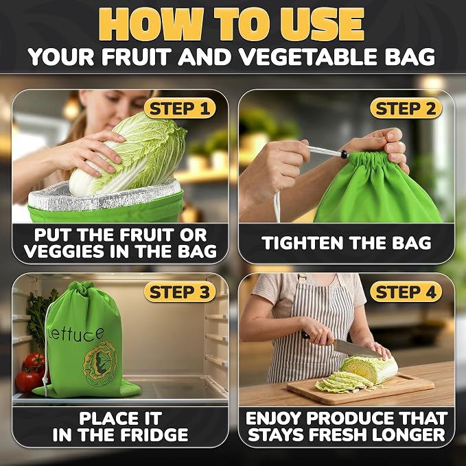 Lettuce Keeper Bag for Refrigerator, Reusable 3-Layer Foil Lining | Breathable Produce Storage Bags with Drawstring - Keeps Salad Greens Fresh | Sturdy, Washable, for Lettuce, Fruits, Veggies